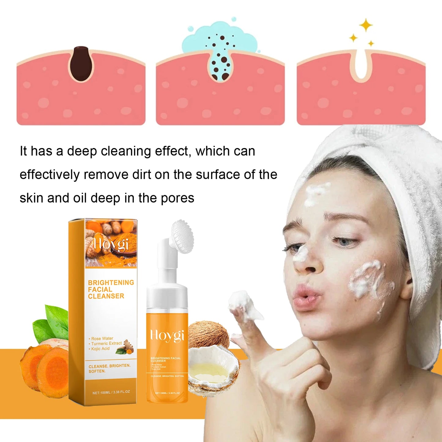 Revitalizing Turmeric & Kojic Acid Cleanser - Deep Cleanse, Blackhead Buster, Acne Mark Fader & Brightening Foam Wash